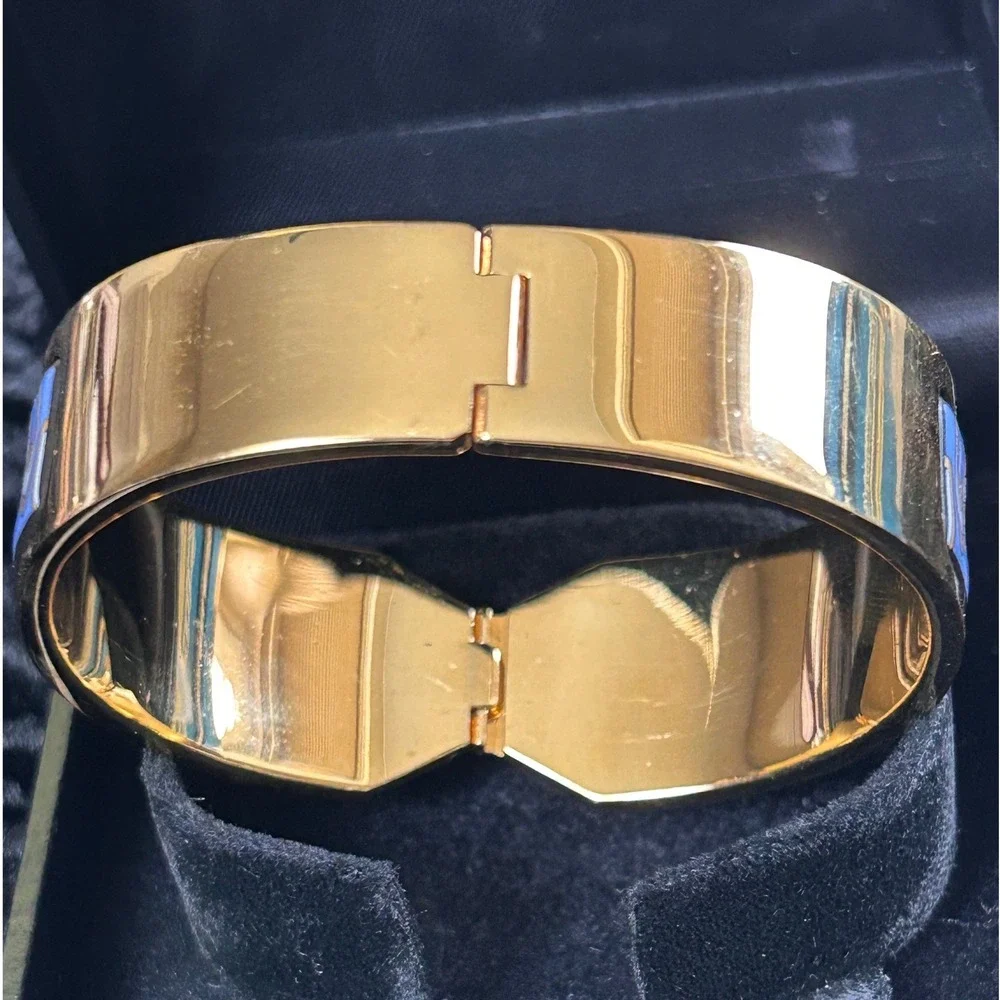 Michaela Frey Wien Vintage Enamel Hinged Bangle Bracelet Gold Tone Floral Iris